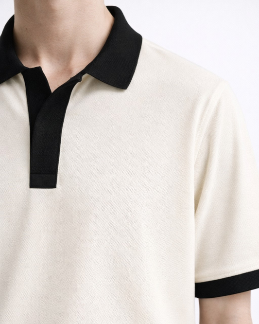 Cream V-Neck Polo T-Shirt